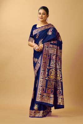 Navy blue woven design silk blend saree with blouse 3