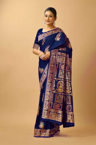 Navy blue woven design silk blend saree with blouse