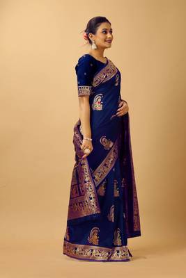 Navy blue woven design silk blend saree with blouse 4