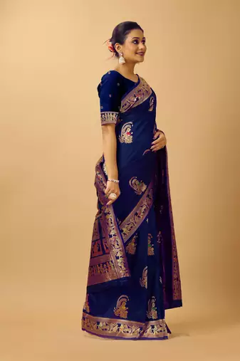 Navy blue woven design silk blend saree with blouse