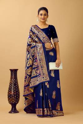 Navy blue woven design silk blend saree with blouse 5