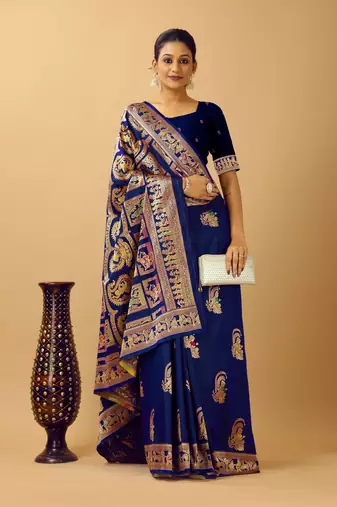 Navy blue woven design silk blend saree with blouse