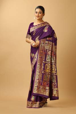 Purple woven design silk blend saree with blouse 4
