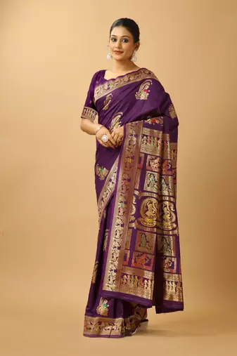 Purple woven design silk blend saree with blouse