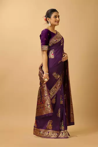 Purple woven design silk blend saree with blouse