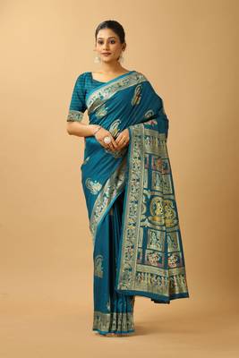 Blue woven design silk blend saree with blouse 2