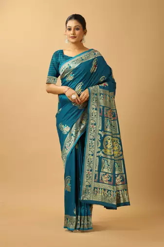 Blue woven design silk baluchari saree with blouse