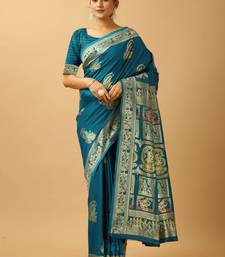 Blue woven design silk blend saree with blouse