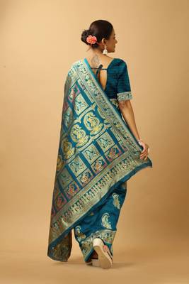Blue woven design silk blend saree with blouse 3