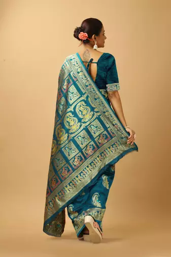 Blue woven design silk blend saree with blouse