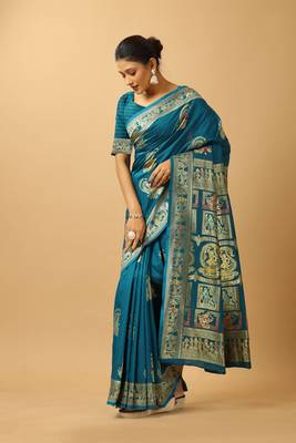 Blue woven design silk blend saree with blouse 4