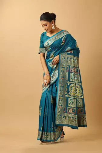 Blue woven design silk blend saree with blouse