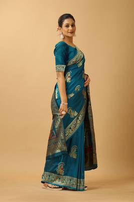Blue woven design silk blend saree with blouse 5