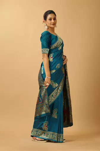 Blue woven design silk blend saree with blouse
