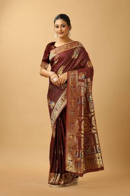 Brown woven design silk blend saree with blouse 2