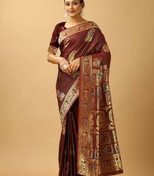 Brown woven design silk blend saree with blouse