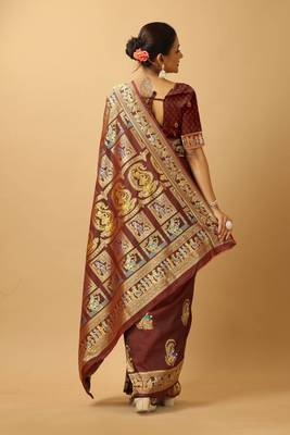 Brown woven design silk blend saree with blouse 3
