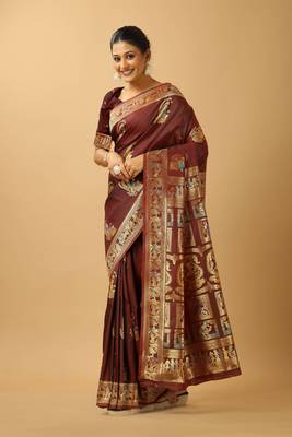 Brown woven design silk blend saree with blouse 4