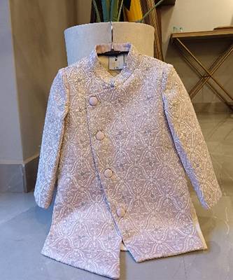 Elegant front open embroidered asymetrical pink sherwani and pyjama 1