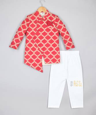 Elegant red front open asymmetric sherwani and pyjama 1