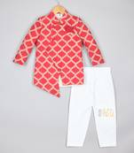 Elegant red front open asymmetric sherwani and pyjama