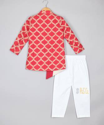Elegant red front open asymmetric sherwani and pyjama 2