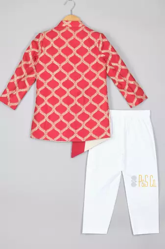Elegant red front open asymmetric sherwani and pyjama