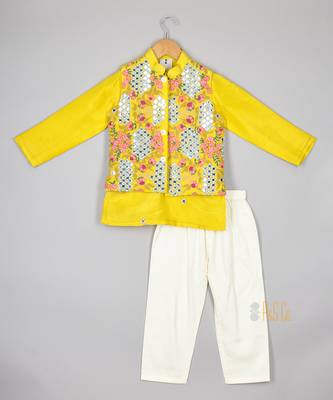 Yellow faux mirror nehru jacket set 1