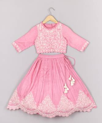 Thread embroidered pink top and pleated lehenga set 1