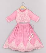 Thread embroidered pink top and pleated lehenga set