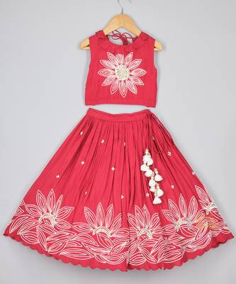 Ruffle neckline red top and lehenga set 1