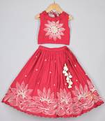 Ruffle neckline red top and lehenga set