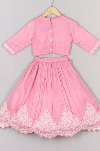 Thread embroidered pink top and pleated lehenga set