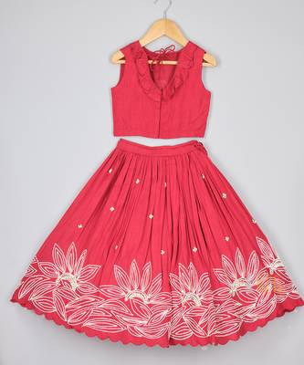 Ruffle neckline red top and lehenga set 2