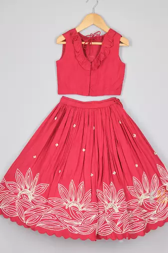 Ruffle neckline red top and lehenga set
