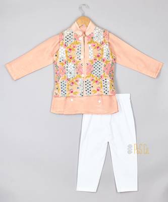 Pink faux mirror nehru jacket set 1