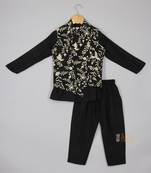 Silk black ethnic kurta with asymmetric front open bird embroidered jacket and pyjama