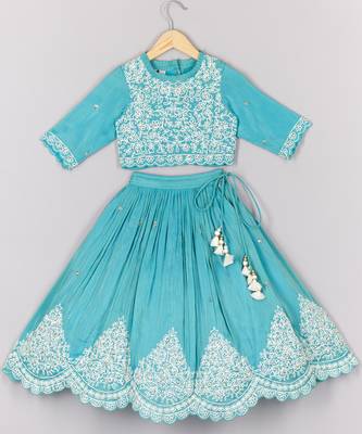 Thread embroidered blue top and pleated lehenga set 1