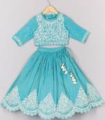 Thread embroidered blue top and pleated lehenga set