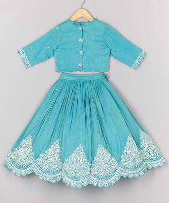 Thread embroidered blue top and pleated lehenga set 2