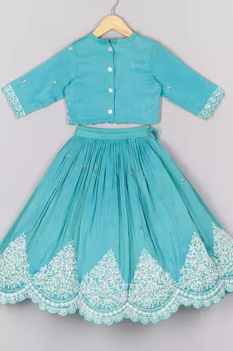 Thread embroidered blue top and pleated lehenga set