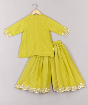 Lime green zari and moti embroidered kurta and pant set 2