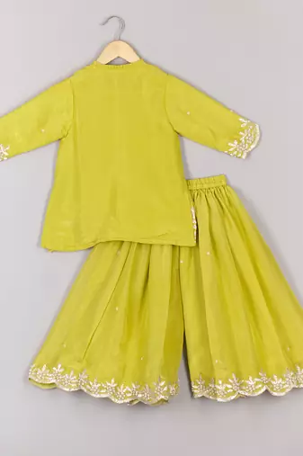 Lime green zari and moti embroidered kurta and pant set