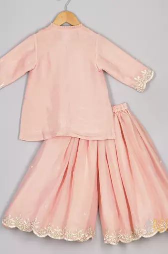 Pink zari and pearl embroidered kurta and flare pant set