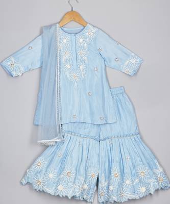 Powder blue cord thread embroidery kurta and sharara set 1