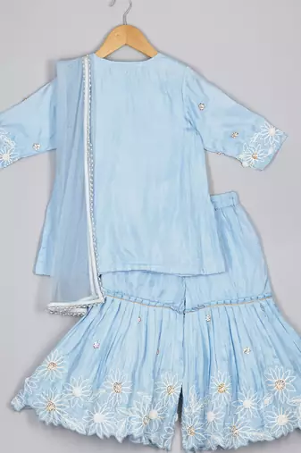 Powder blue cord thread embroidery kurta and sharara set