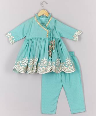 Gota leaf embroidered blue colour angrakha with pant set 1
