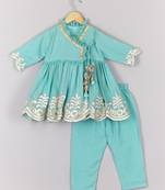 Gota leaf embroidered blue colour angrakha with pant set