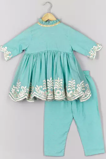 Gota leaf embroidered blue colour angrakha with pant set