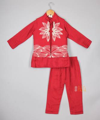Kurta with flower embroidered open jacket with pyjama 1